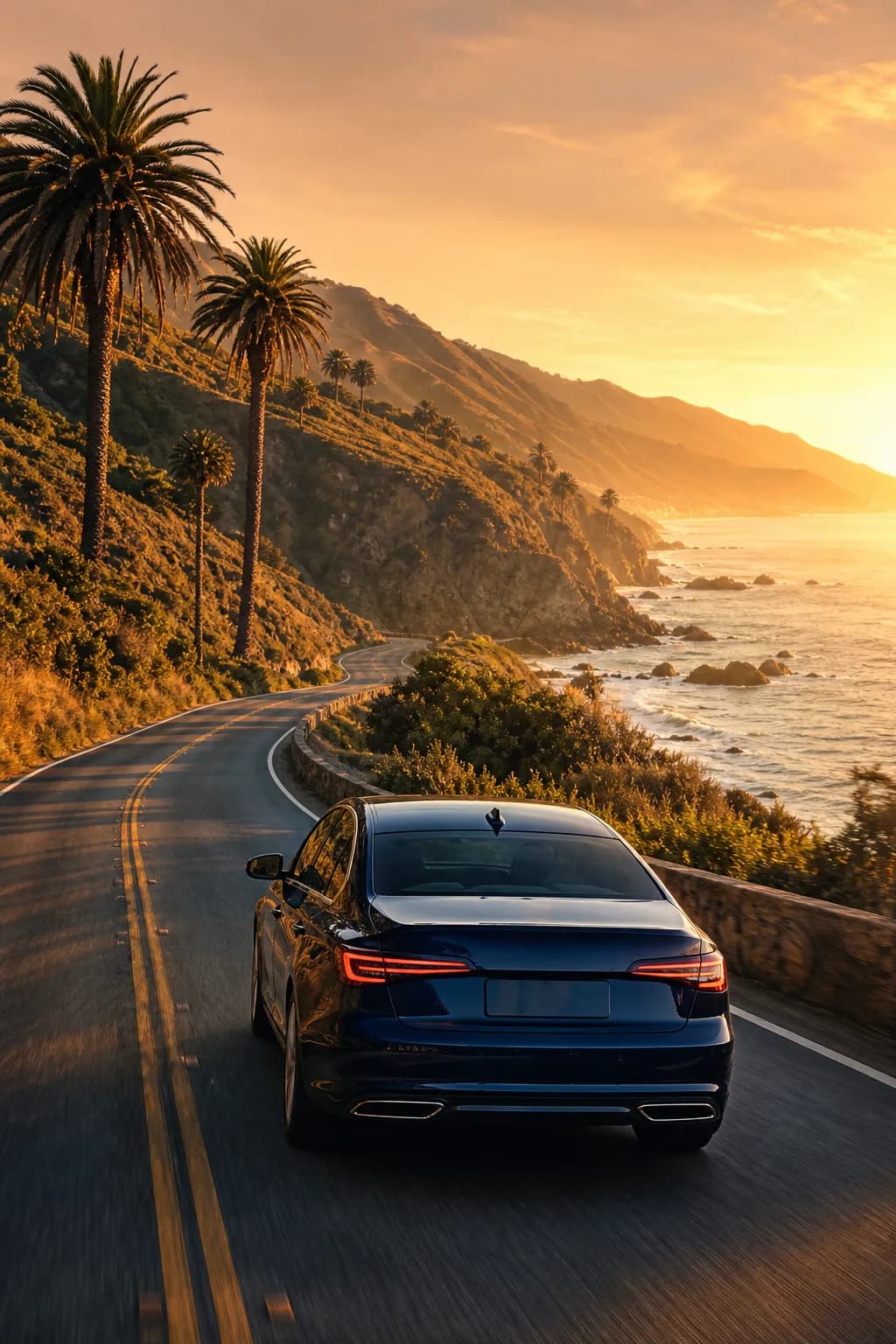 Navy sedan driving a California coastal highway at golden-hour sunset